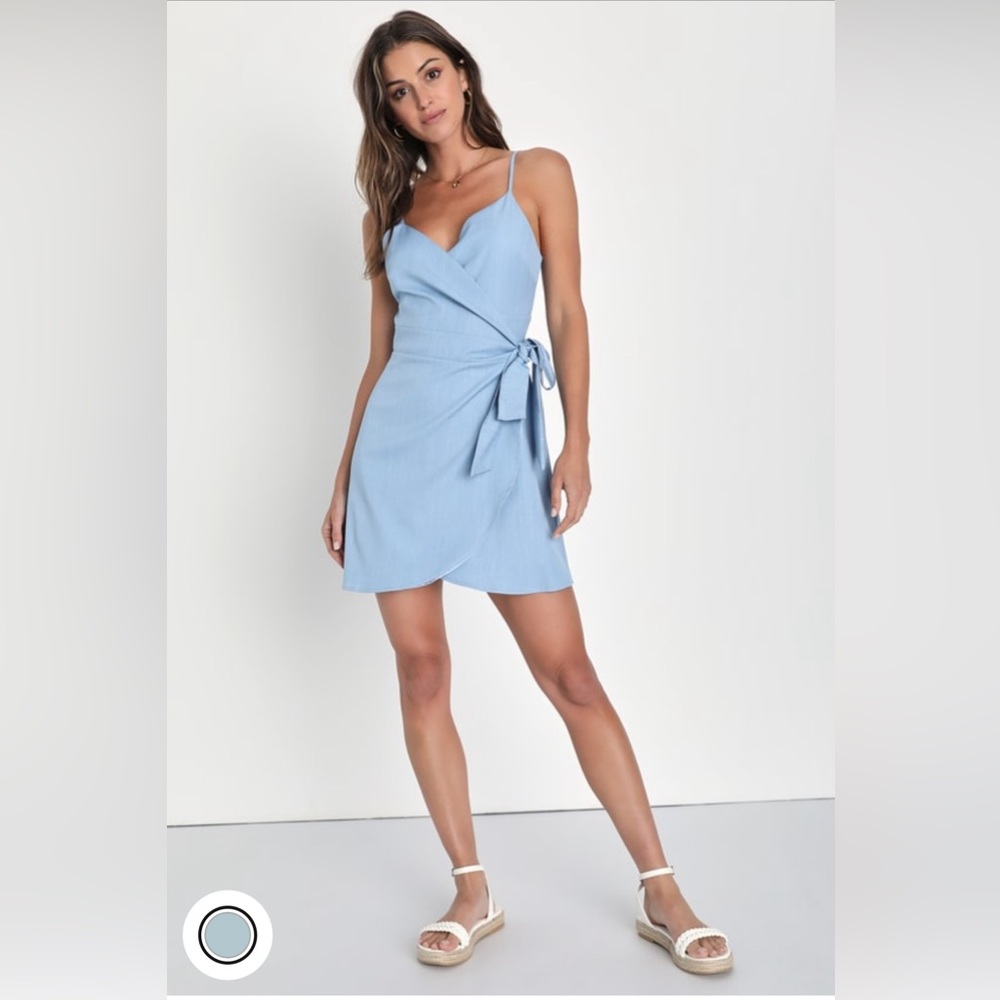 Lulus | Baby Blue Chambray Wrap Mini Dress